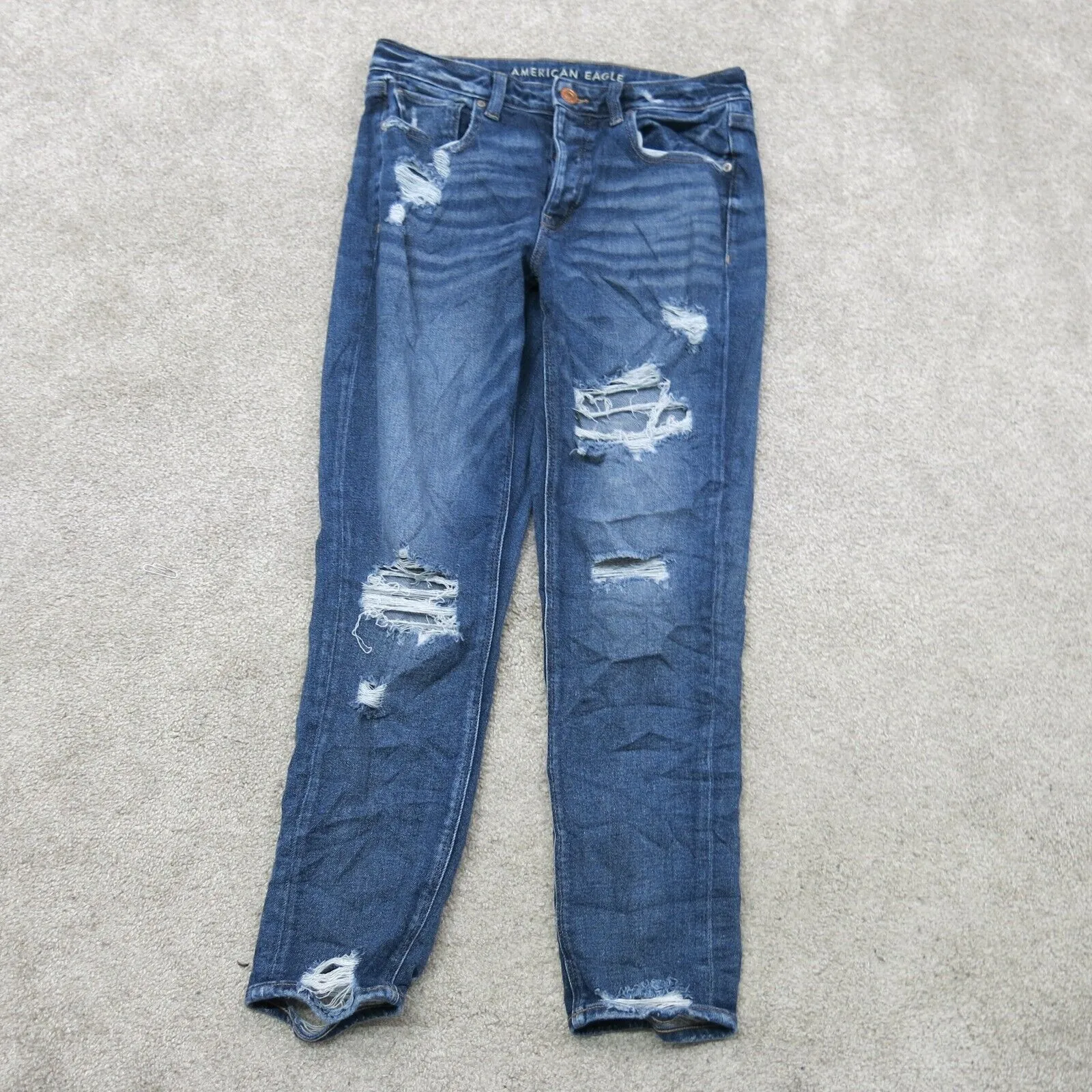 American Eagle Mens Jeans Slim Straight Leg Mid Rise Distressed Solid Blue SZ 6R