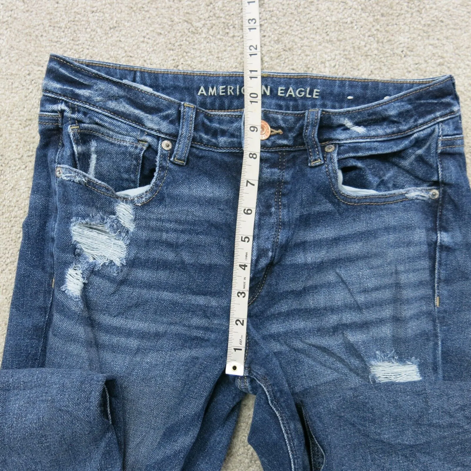 American Eagle Mens Jeans Slim Straight Leg Mid Rise Distressed Solid Blue SZ 6R