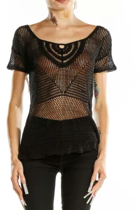 Black Crochet Mesh Short Sleeve Top