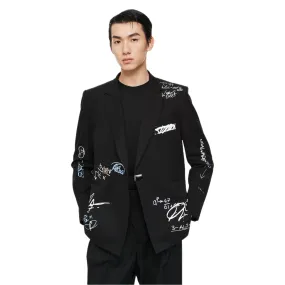 Black Customized Graffiti Printed Double-Breasted Jacket