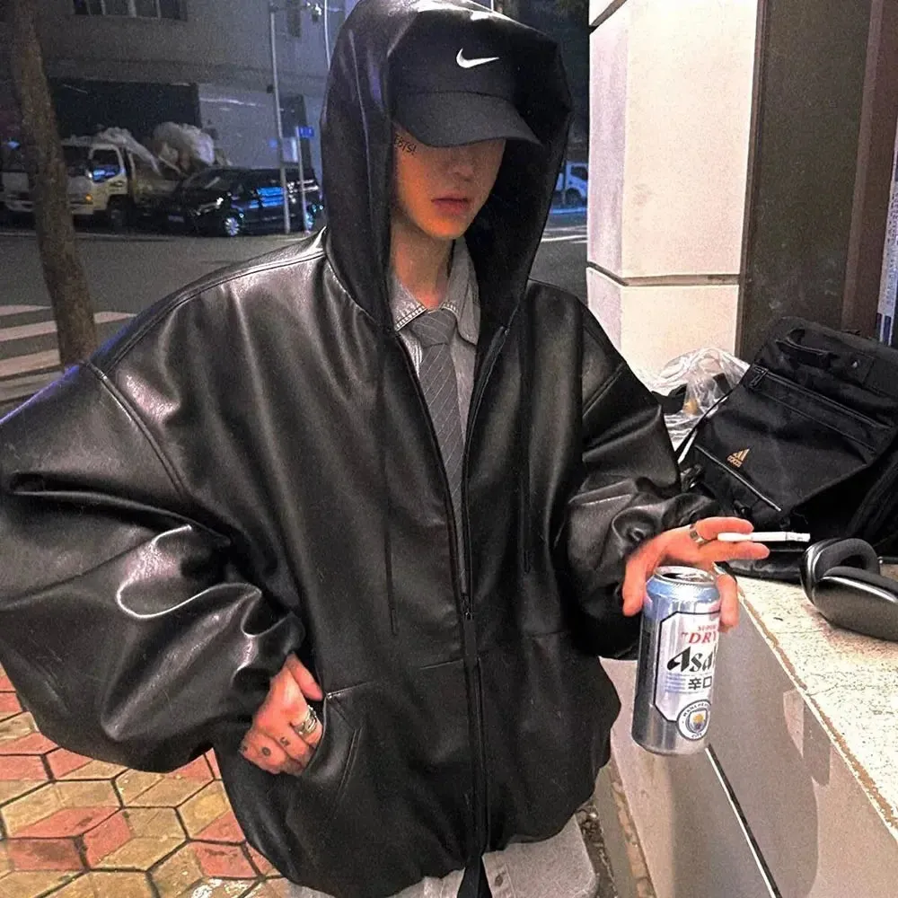 Black Oversized Windbreaker Leather Hooded Jacket