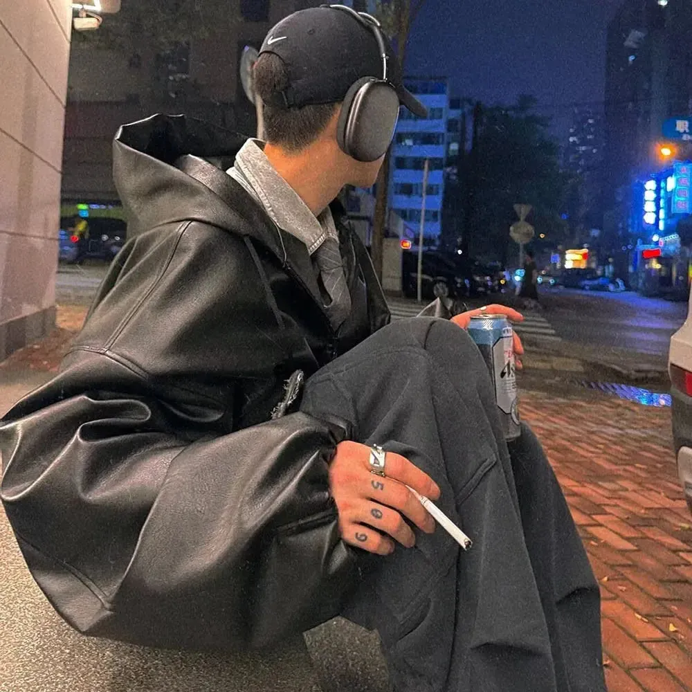 Black Oversized Windbreaker Leather Hooded Jacket