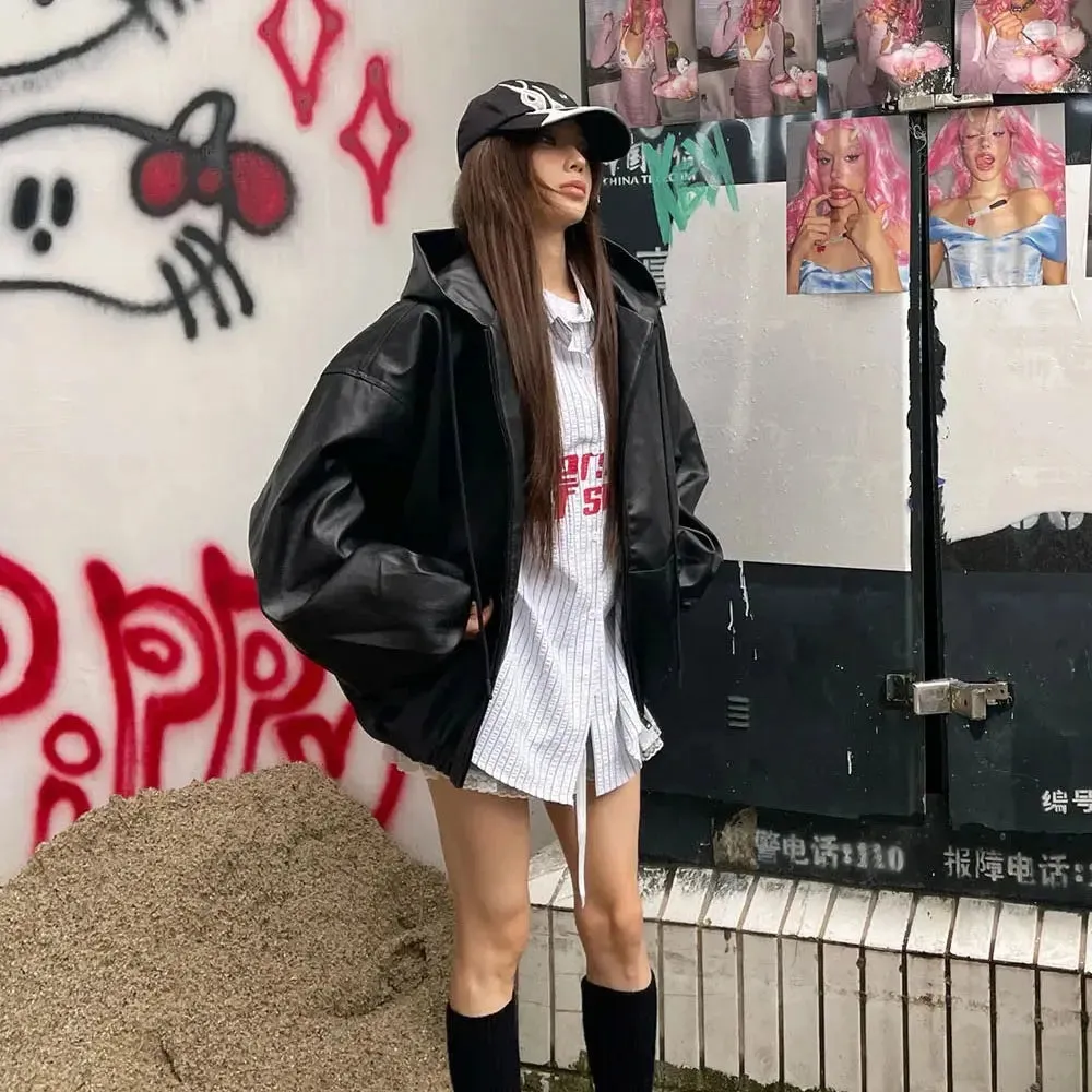 Black Oversized Windbreaker Leather Hooded Jacket