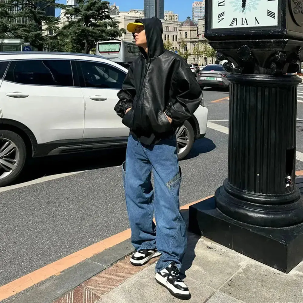 Black Oversized Windbreaker Leather Hooded Jacket