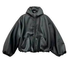 Black Oversized Windbreaker Leather Hooded Jacket