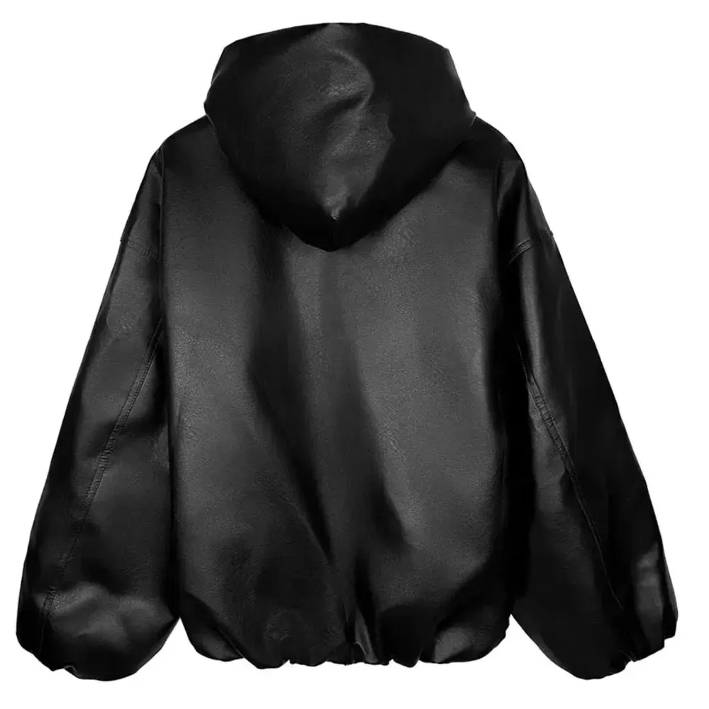 Black Oversized Windbreaker Leather Hooded Jacket