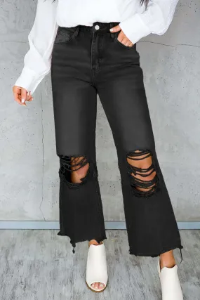 Black Ripped Raw Edge High Waist Flare Jeans