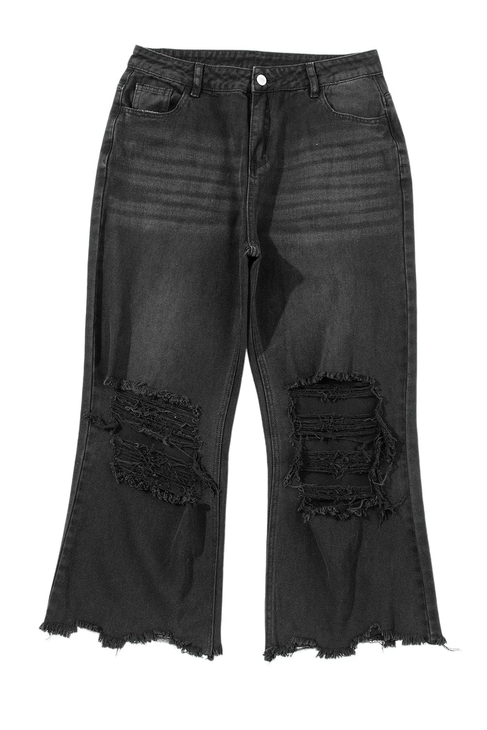 Black Ripped Raw Edge High Waist Flare Jeans