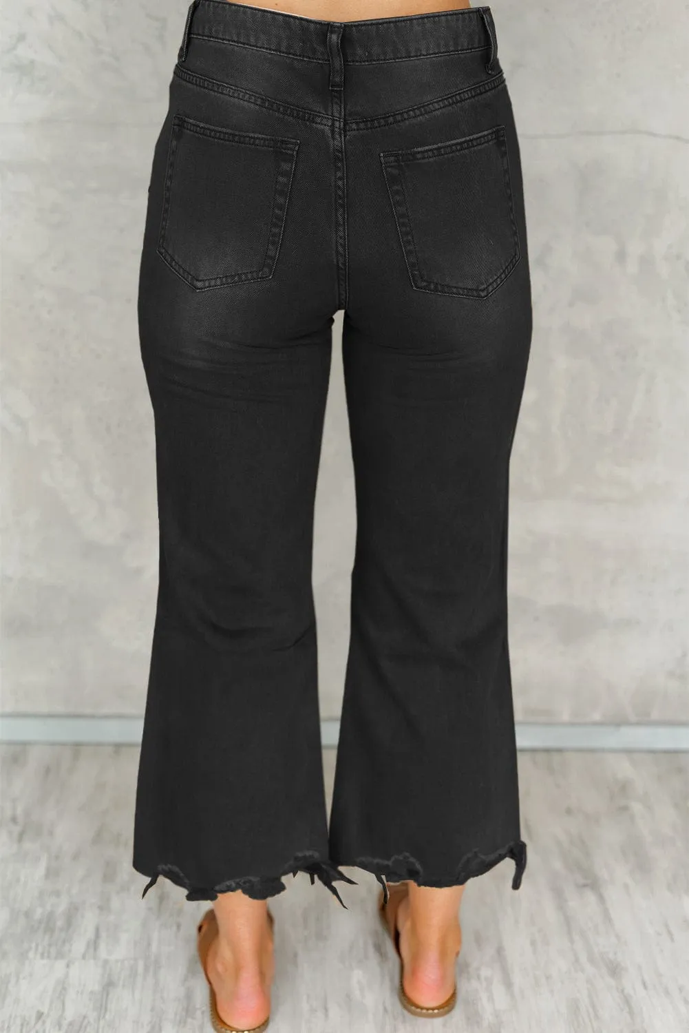 Black Ripped Raw Edge High Waist Flare Jeans