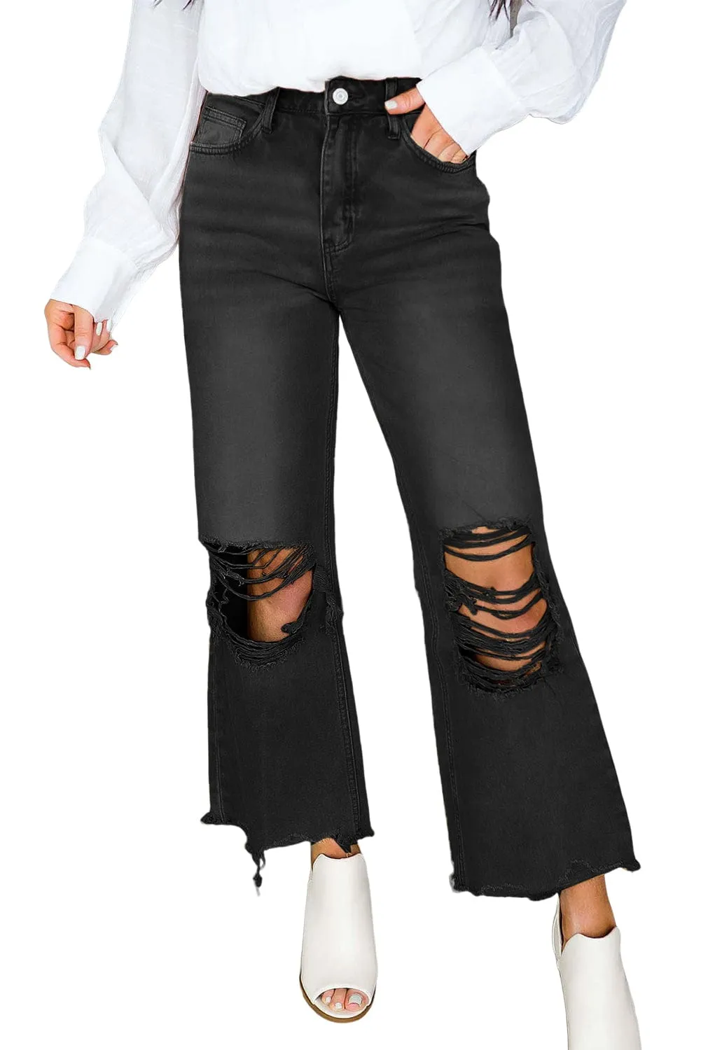 Black Ripped Raw Edge High Waist Flare Jeans