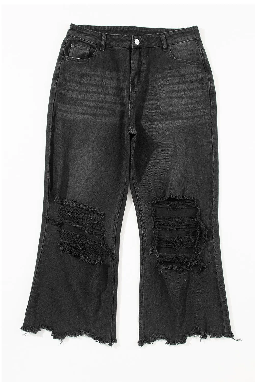 Black Ripped Raw Edge High Waist Flare Jeans