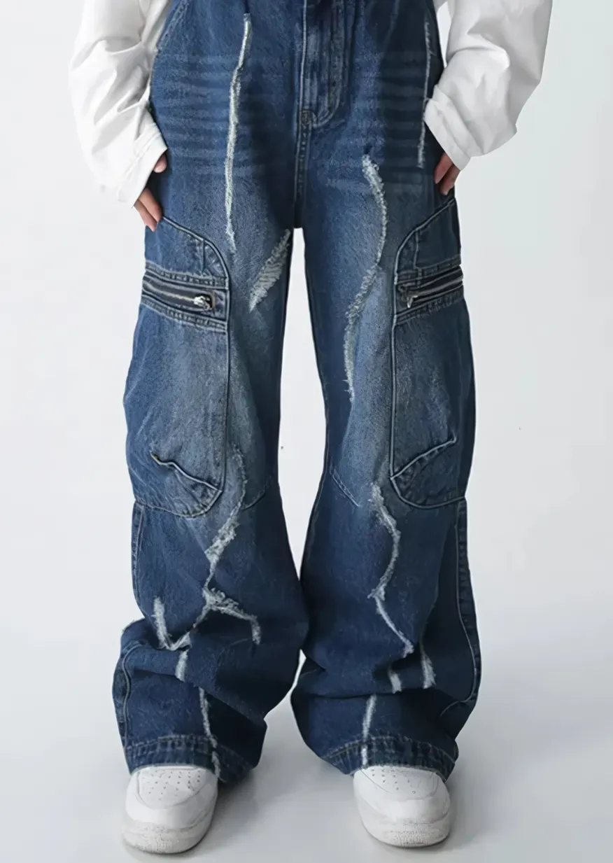 Blue Distressed Cargo Wide-Leg Jeans