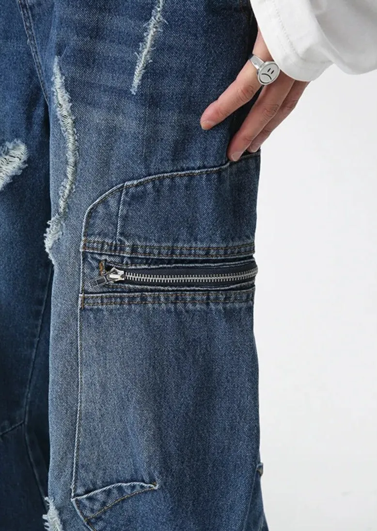 Blue Distressed Cargo Wide-Leg Jeans