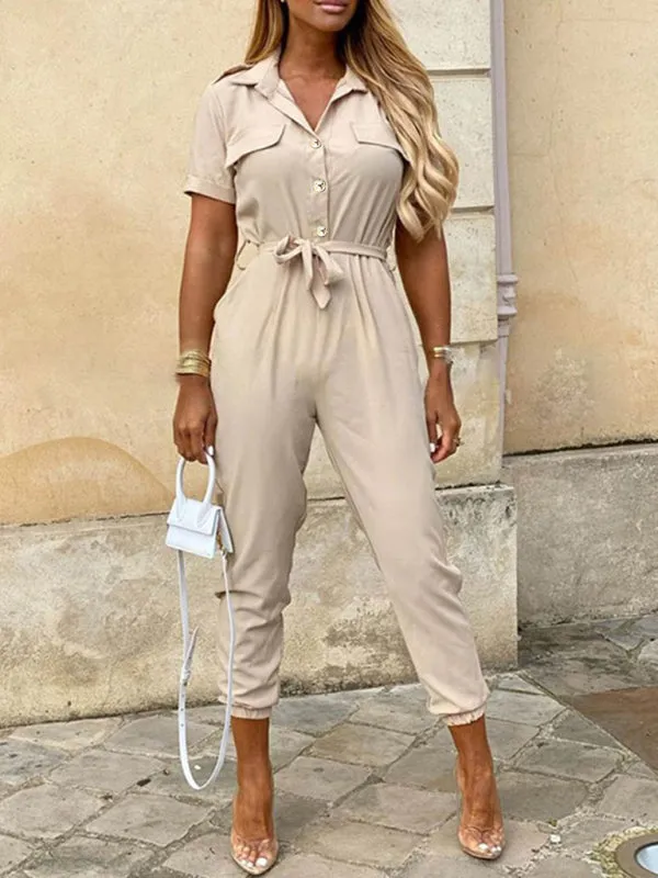 Casual Jumpsuit for Women | Shirt Pantsuit with Short Sleeves