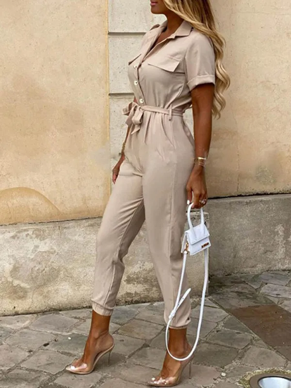 Casual Jumpsuit for Women | Shirt Pantsuit with Short Sleeves