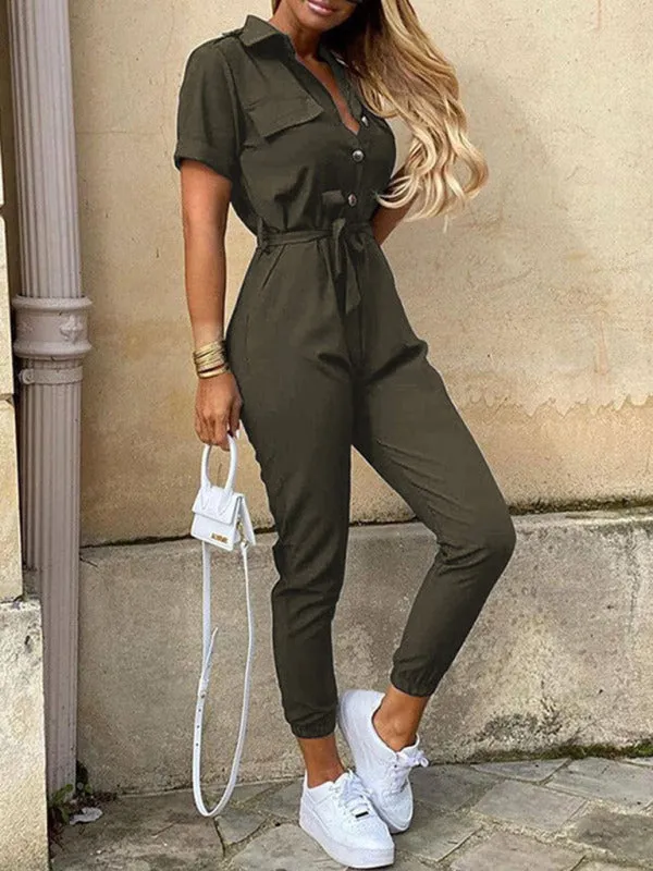 Casual Jumpsuit for Women | Shirt Pantsuit with Short Sleeves