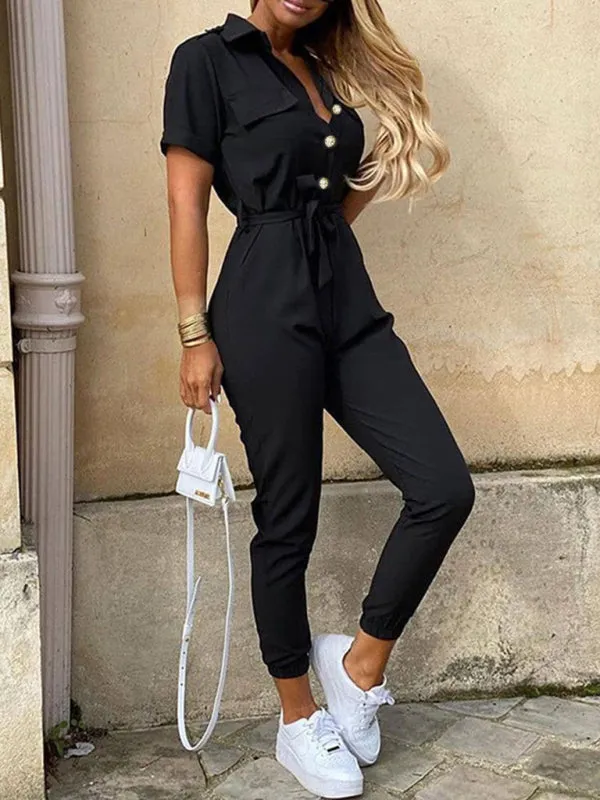 Casual Jumpsuit for Women | Shirt Pantsuit with Short Sleeves