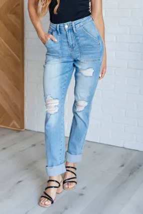 Chicago High Rise Patch Pocket Distressed Boyfriend Jeans