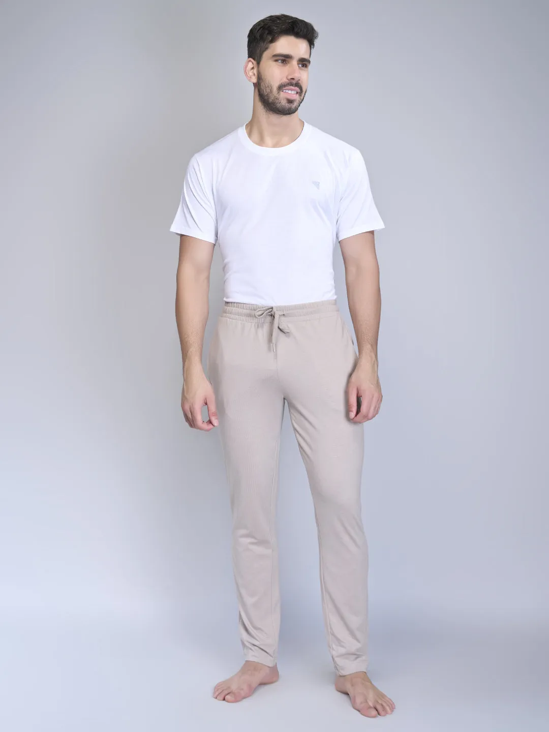 Combed Cotton Side Sew Panel Smart Fit  Zipper Pocket Track Pant Beige