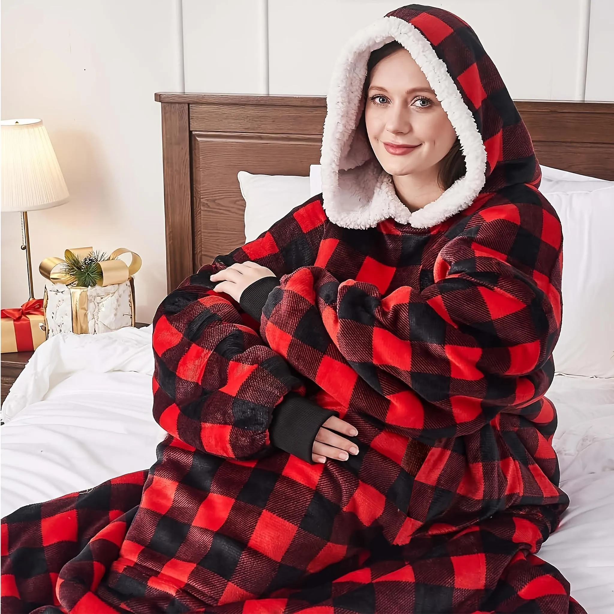 Cozy Christmas Hoodie Blanket - 48" Oversized, Super Soft Flannel with Leopard & Buffalo Plaid Designs for Men and Women