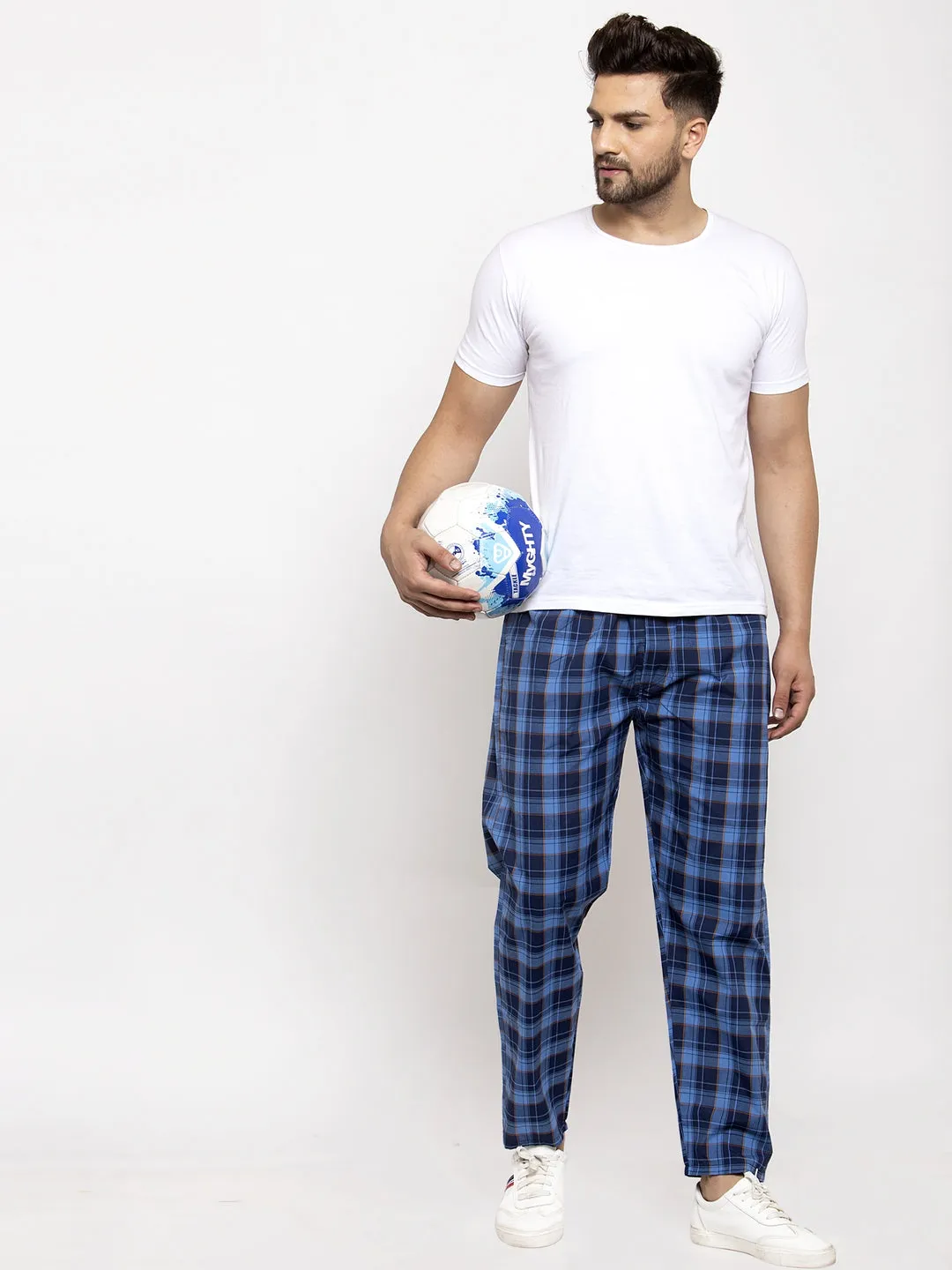 Jashvi Men's Blue Checked Cotton Track Pants