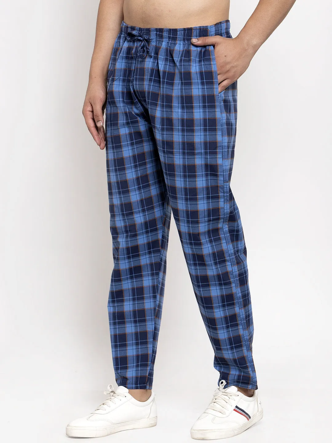 Jashvi Men's Blue Checked Cotton Track Pants