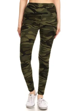 Long Yoga Style Banded Lined Olive Camo Print, Full Length Leggings In A Slim Fitting Style With A Banded High Waist.