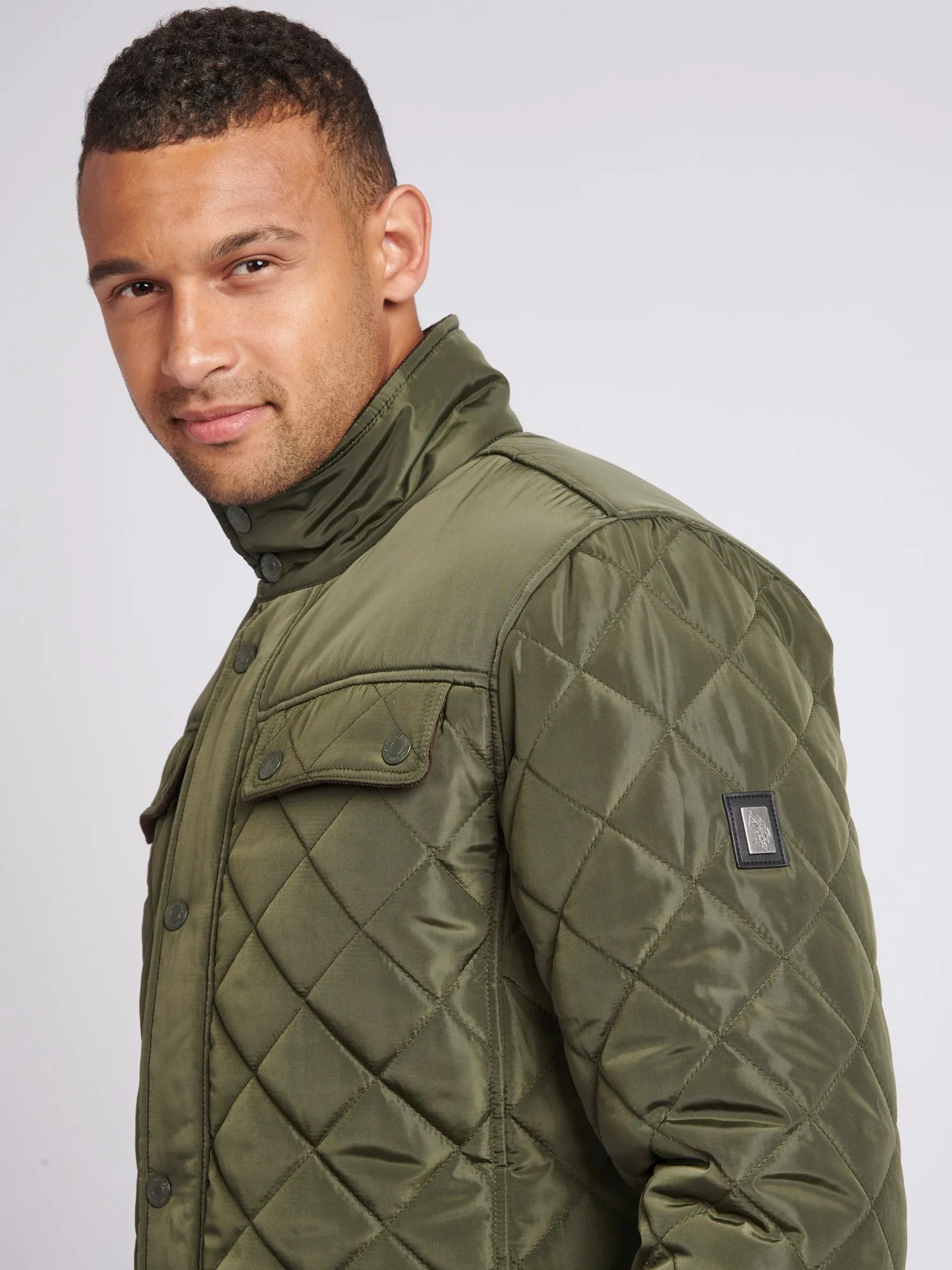 Mens Diamond Quilted Funnel Jacket in Forest Night