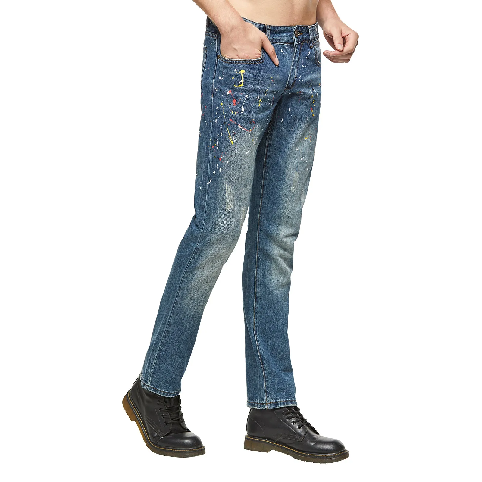 Mens Spray Distressed Blue Jeans