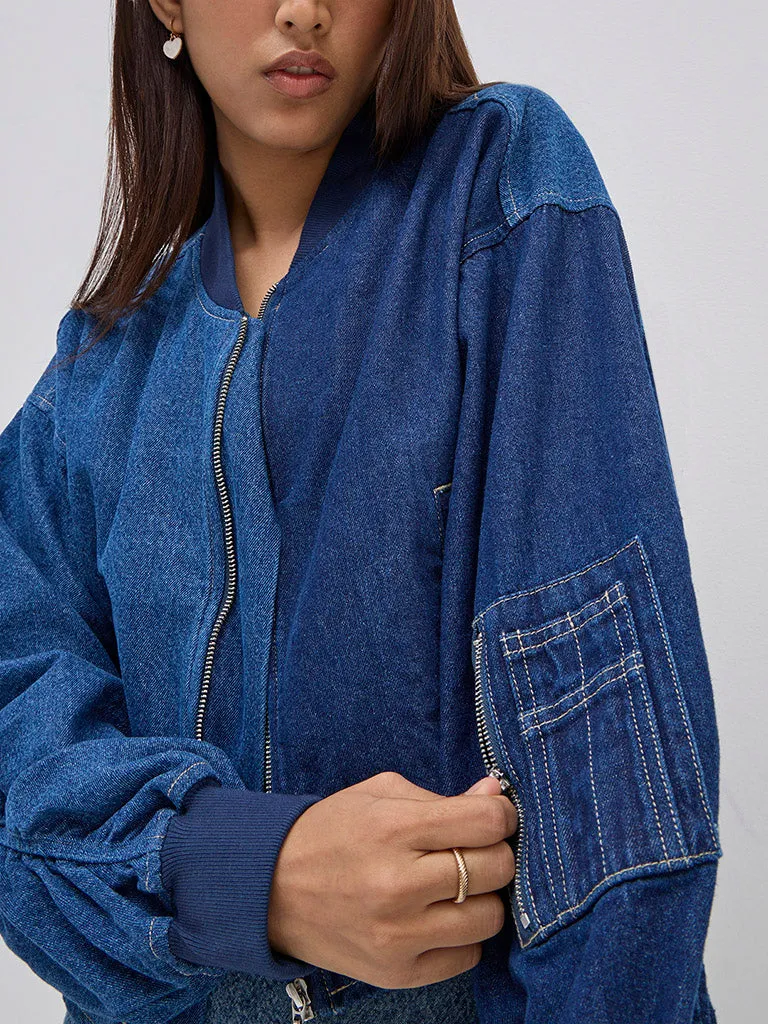 Nuon Dark Blue Colour-Blocked Cotton Jacket