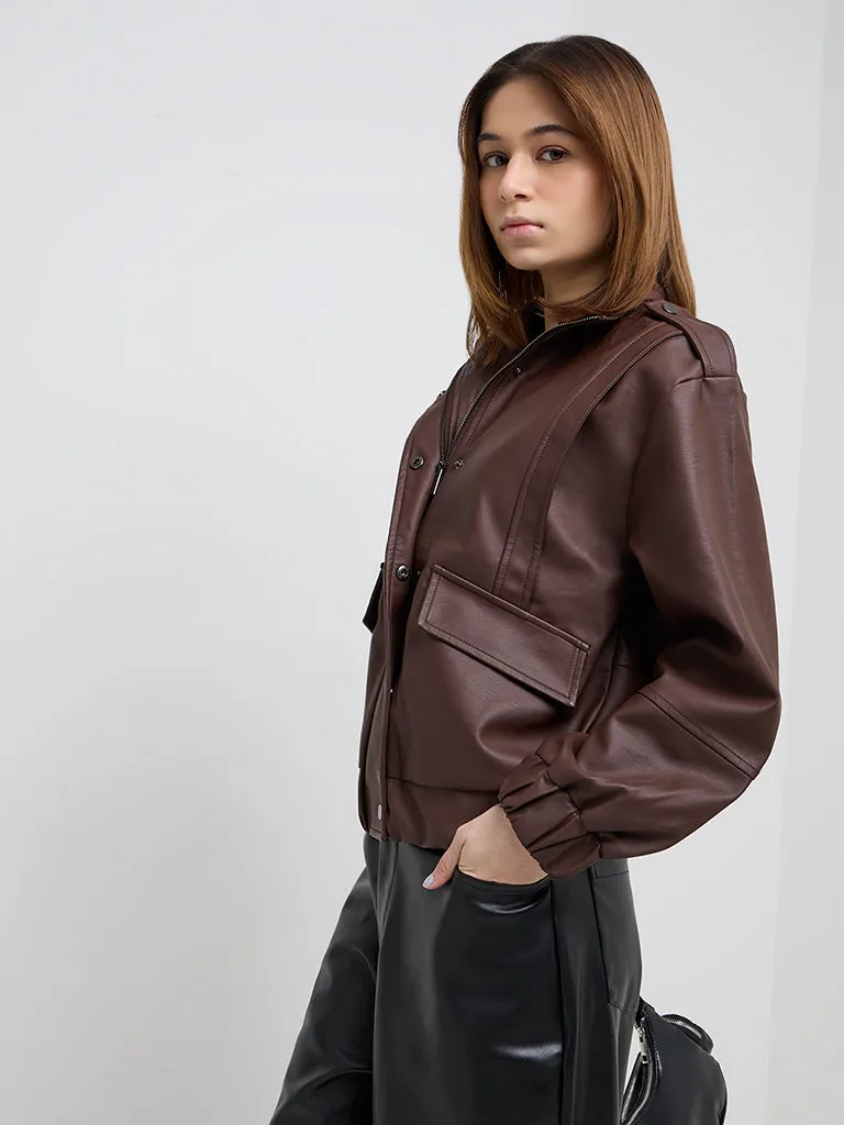 Nuon Dark Brown Faux Leather Jacket