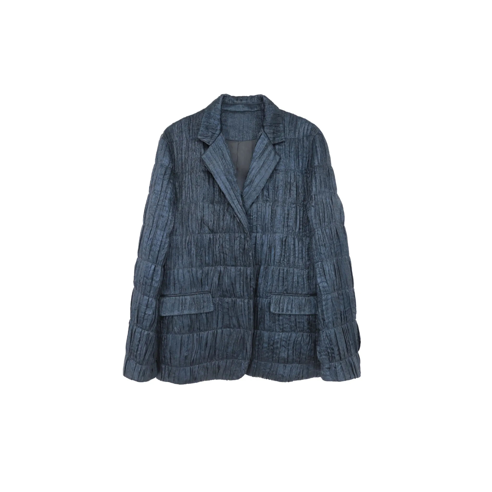 Pleated Quilted Cotton Blazer in Dark Blue