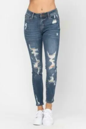 Plus Size Judy Blue Mid Rise Heavy Destroyed Skinny Jeans