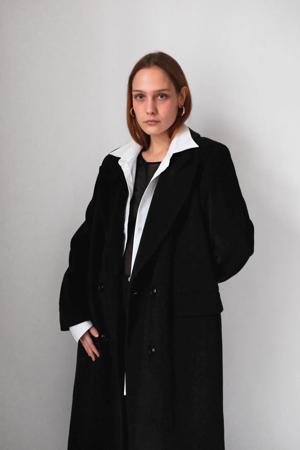 PURE CASHMERE WOOL BLACK LONG BLAZER COAT