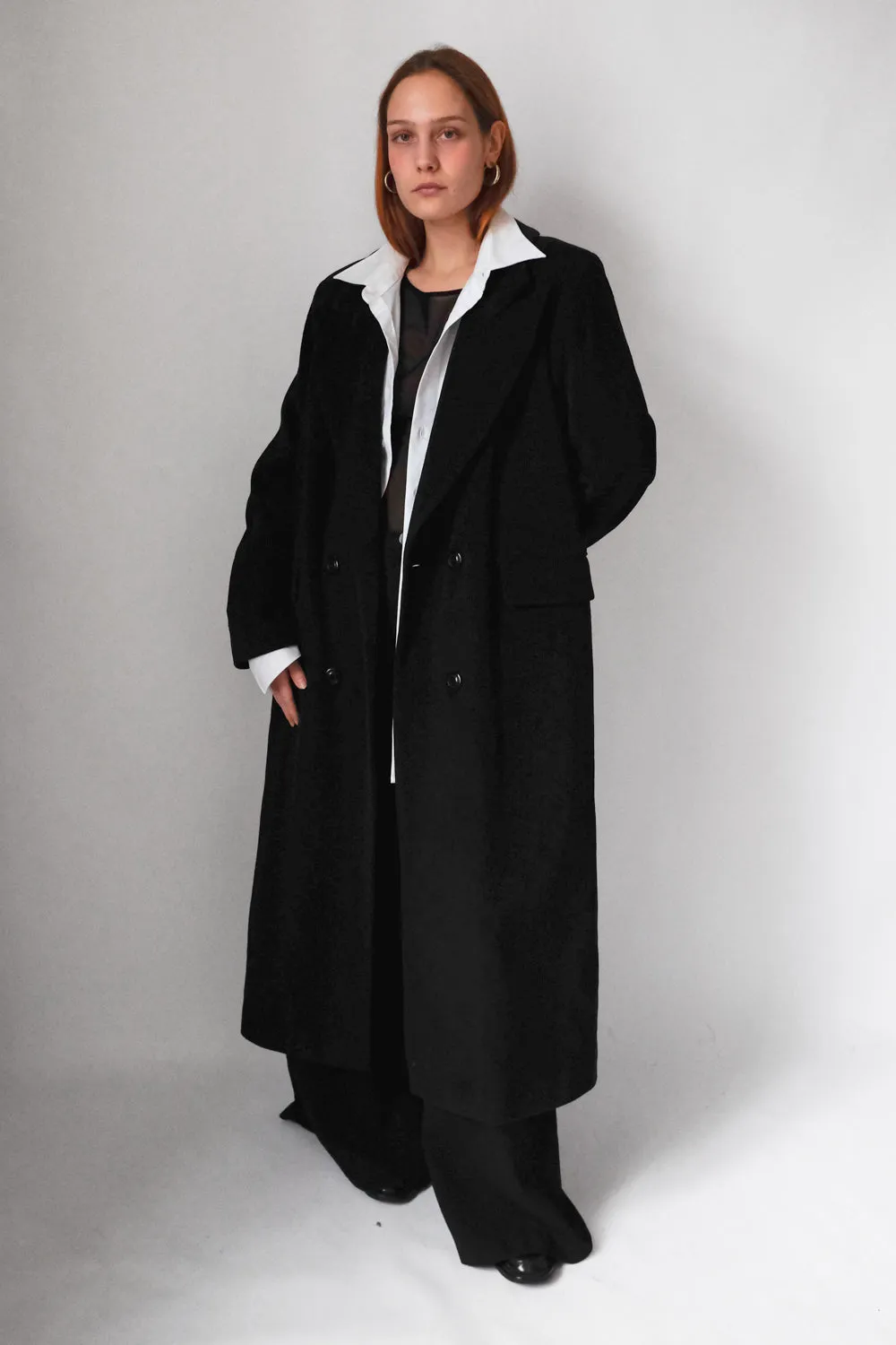 PURE CASHMERE WOOL BLACK LONG BLAZER COAT