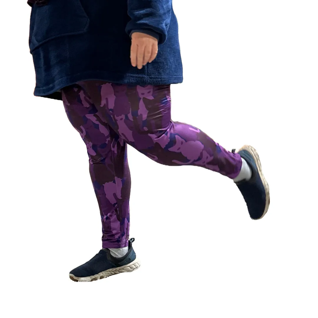 Purple Camo Kitty print fleecey leggings - plus size range