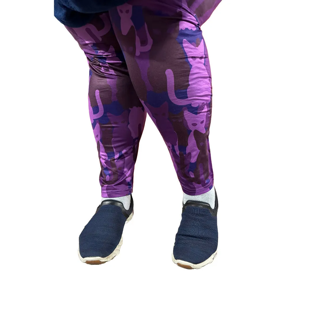 Purple Camo Kitty print fleecey leggings - plus size range