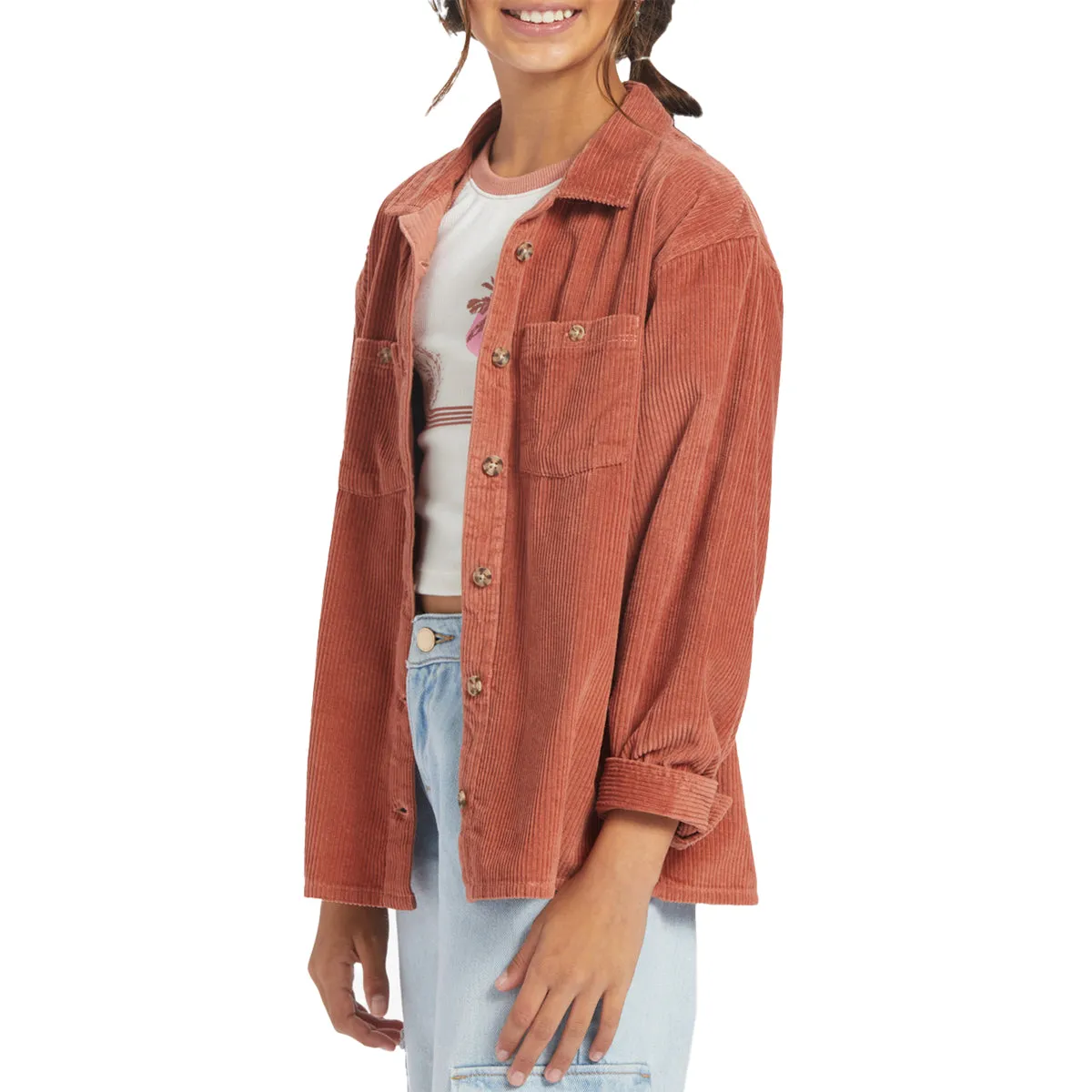 Roxy Youth Something Beautiful Solid Oversized Corduroy Long Sleeve Button-Up Shirt