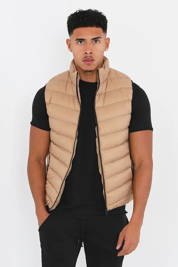 STONE CHEVRON QUILT ZIP THROUGH PADDED GILET