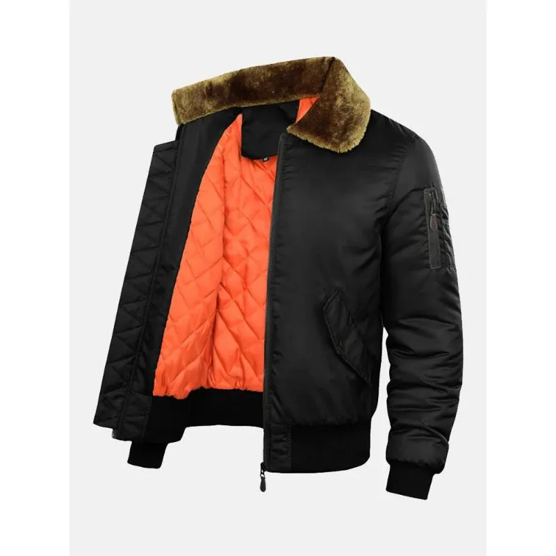 Thickened Quilted Lined Bomber Jacket With Faux Fur Collar Coats