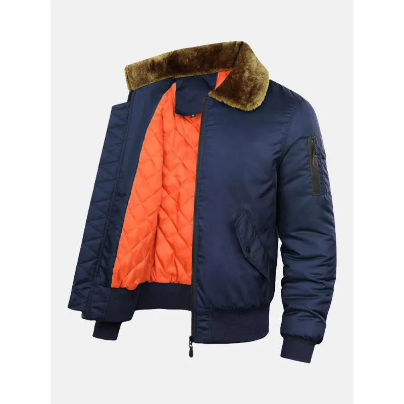 Thickened Quilted Lined Bomber Jacket With Faux Fur Collar Coats